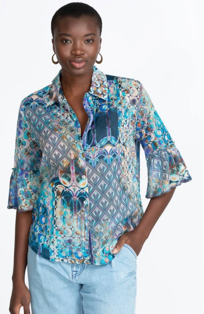 Johnny Was Workshop Klodi Ruffle Sleeve Blue Pattern Top Lightweight Blouse XS